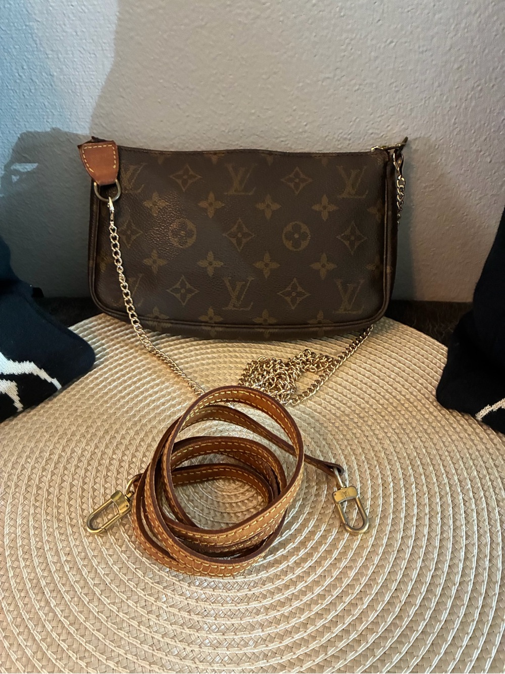 Louis Vuitton Brown Monogram Chain Crossbody Bag with Tan Leather Trim